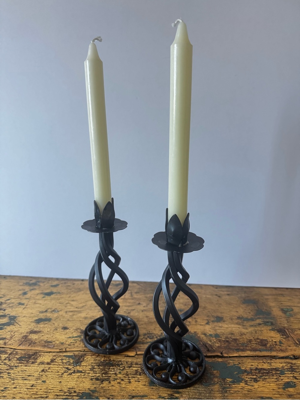 Hand-Forged Black Metal Twisted Candlestick Holders